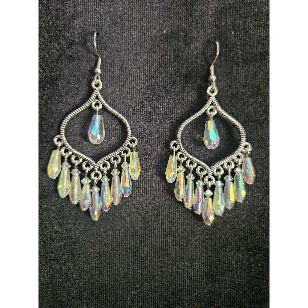Antique silver arabesque and clear iridescent glass crystal chandelier earrings